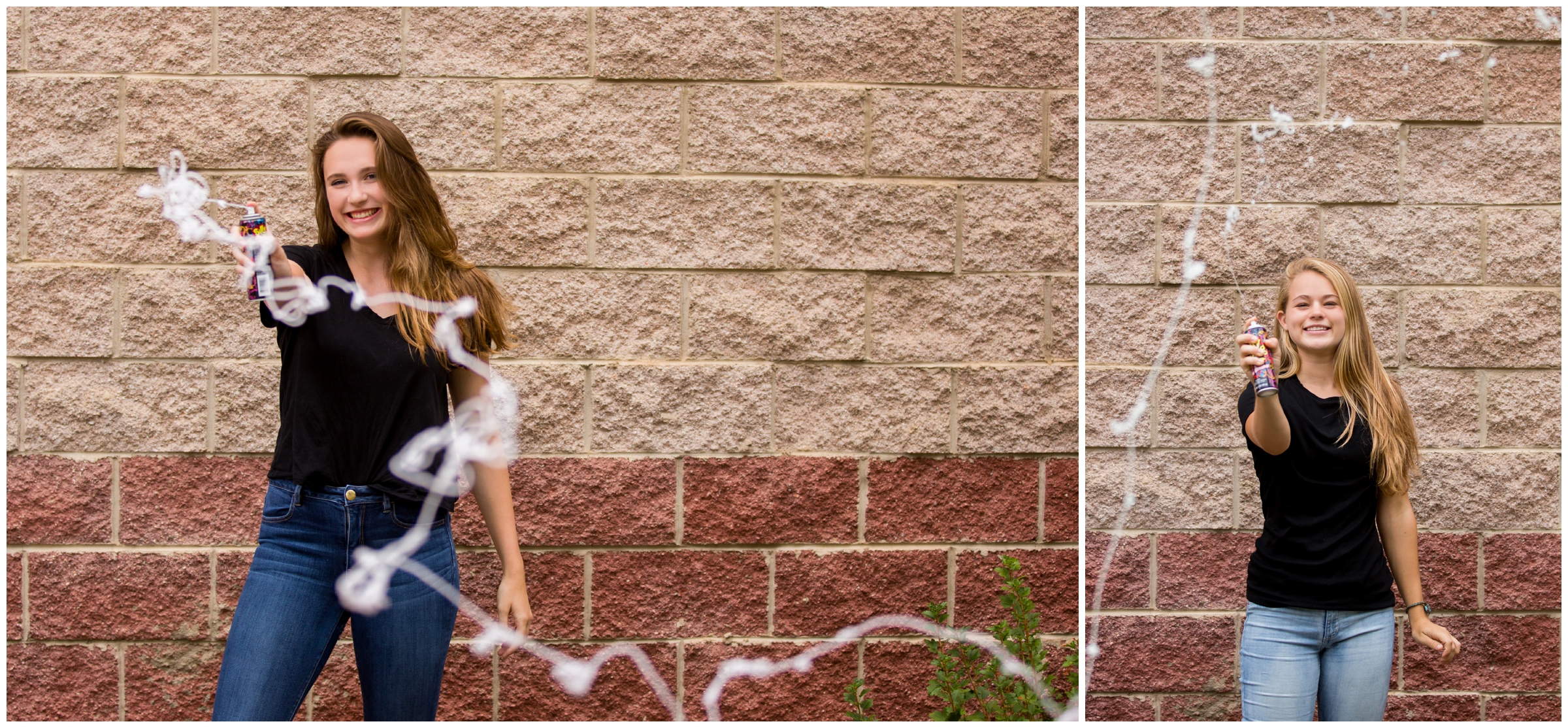 teenager spraying silly string at Longmont Colorado senior pictures 