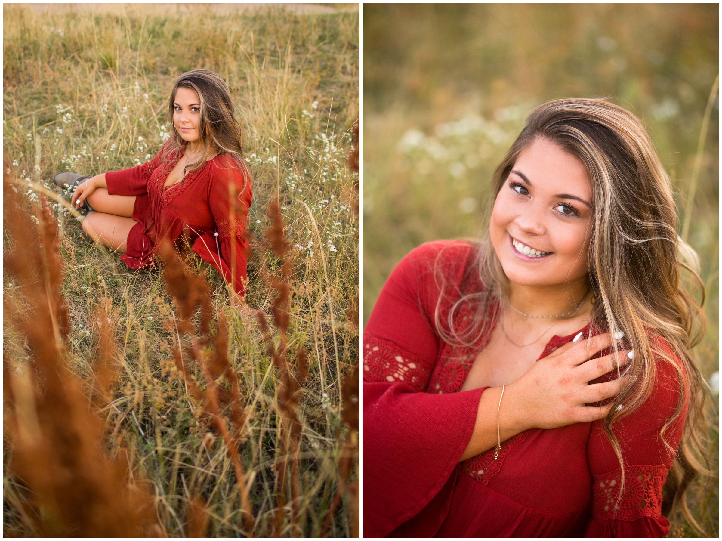 Teen sitting in field of tall grasses by Colorado graduation portraits 