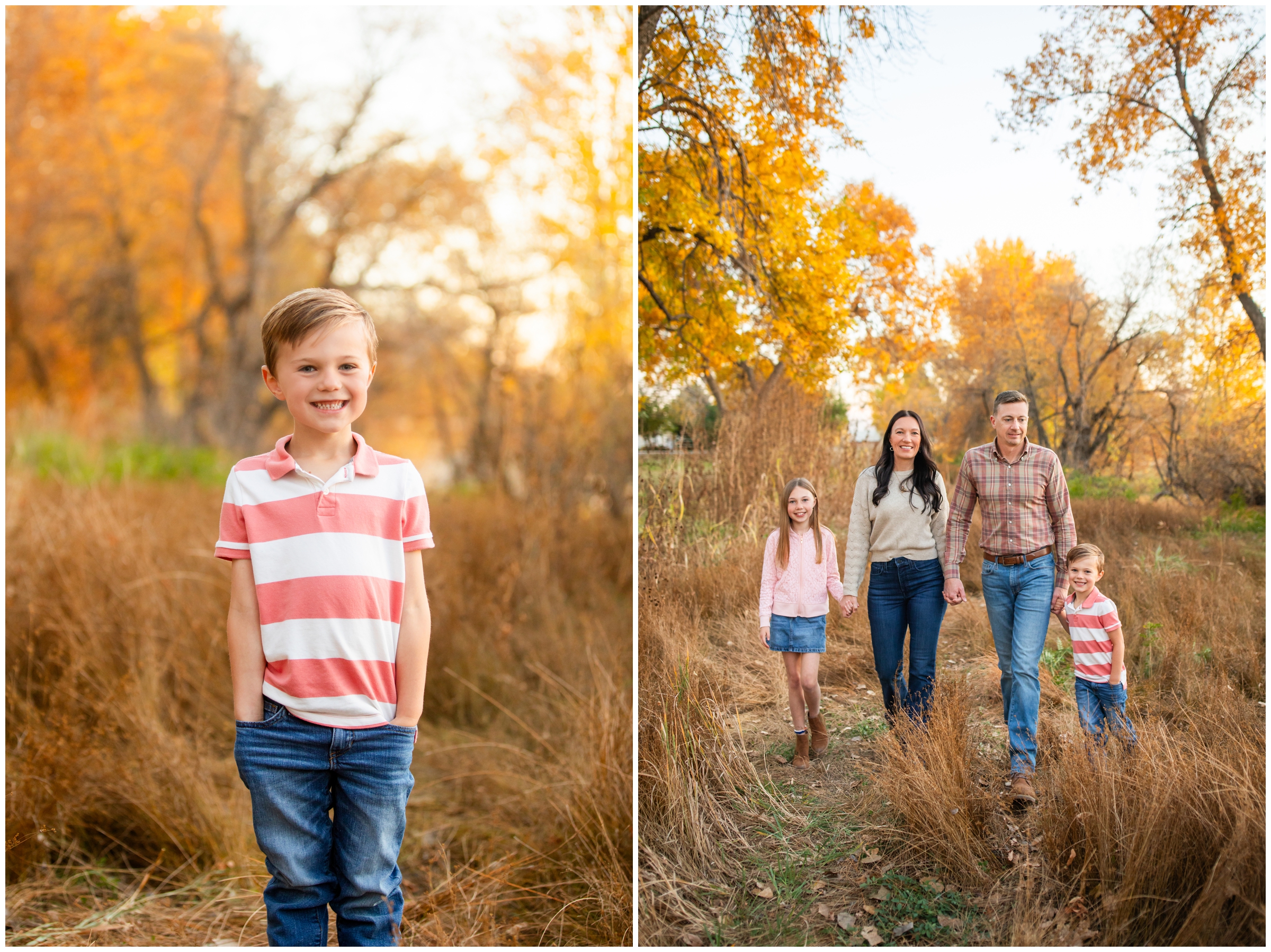 family walking through a field during candid family photos in Mead Colorado 