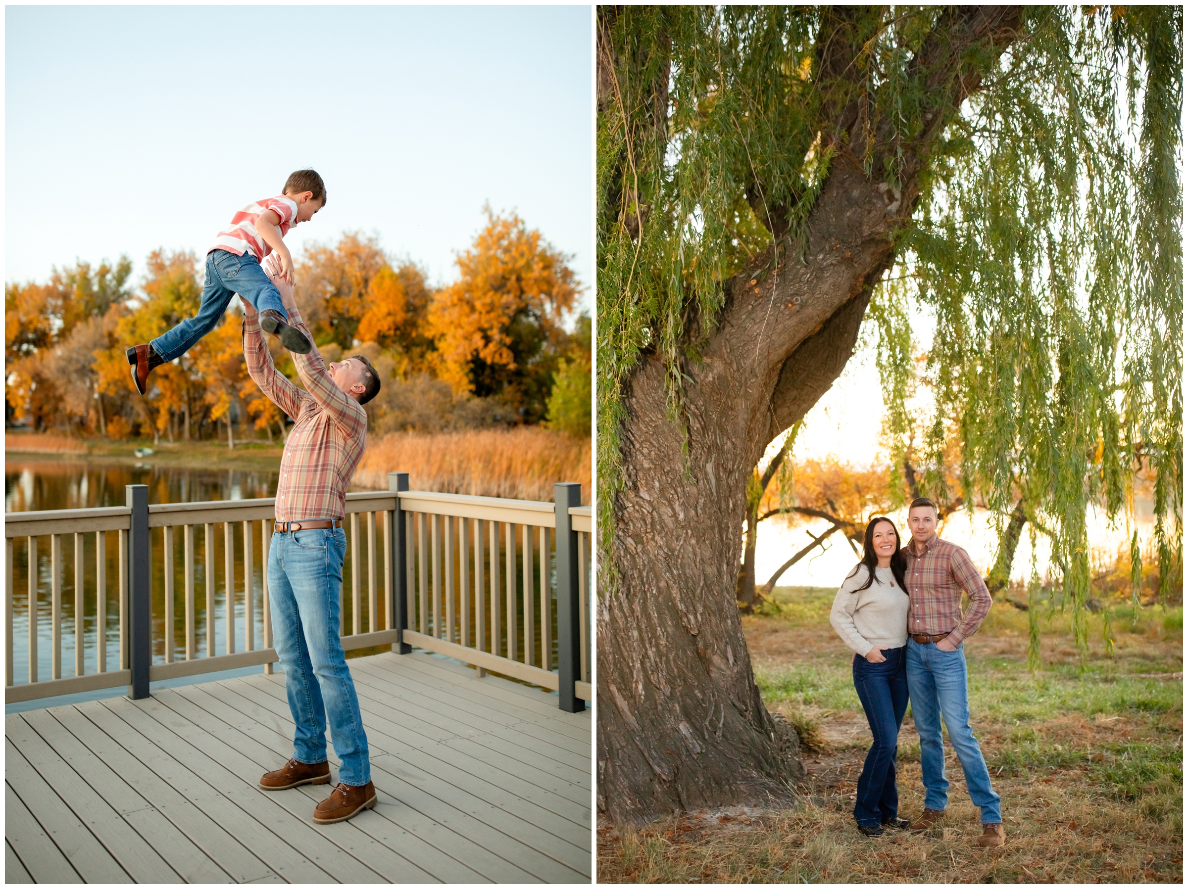 dad throwing son in the air during fall photography mini sessions in Mead Colorado by Plum Pretty Photos 