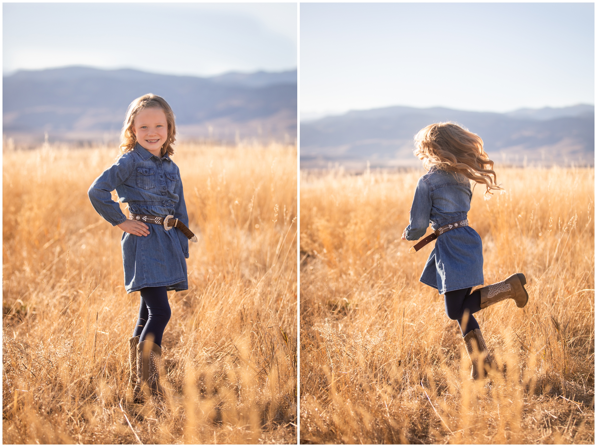 little girl twirling in a field during Boulder Colorado family photography session at Coot Lake