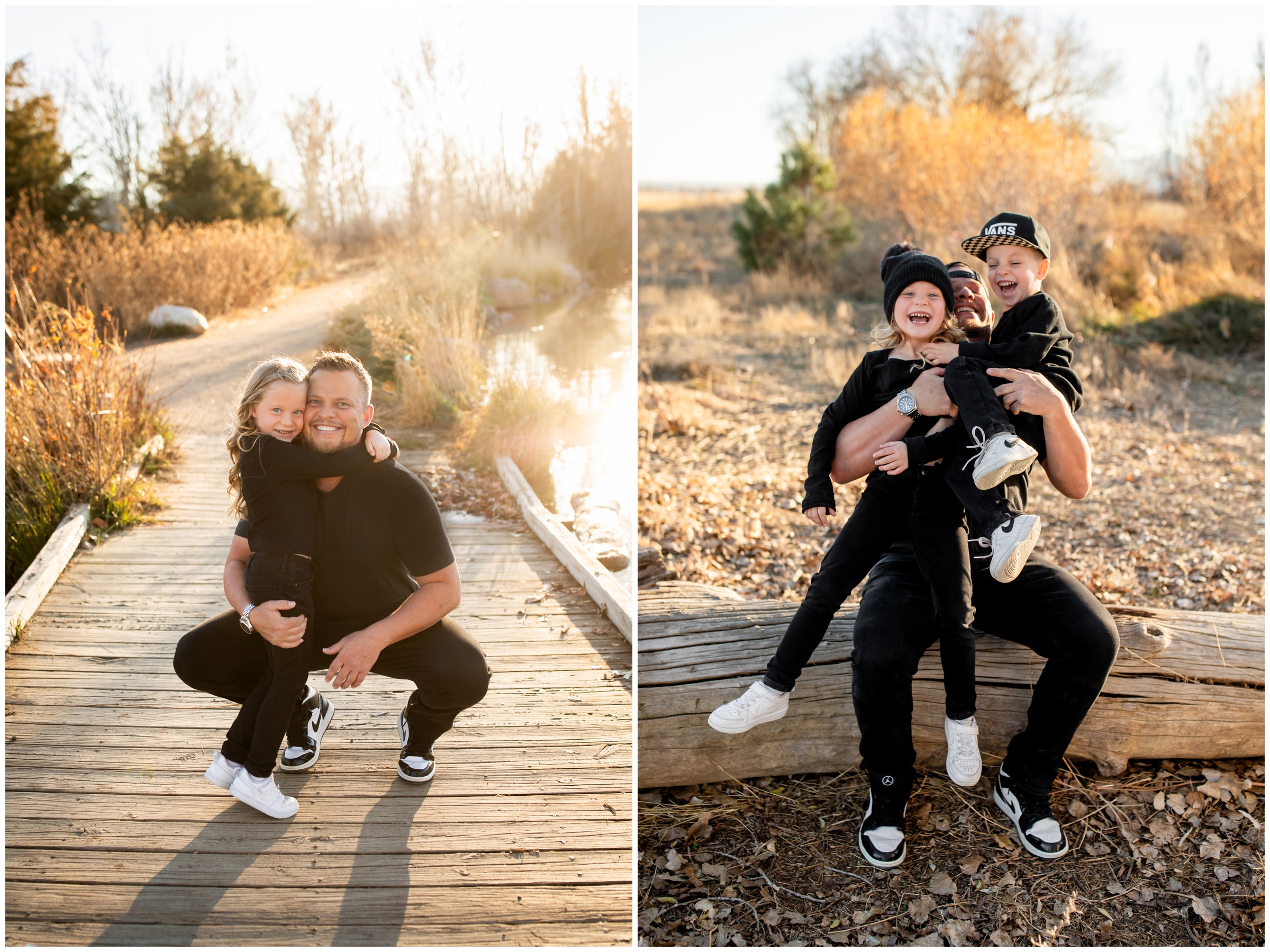 dad and kids laughing during candid family photography session at Coot Lake in Boulder Colorado 