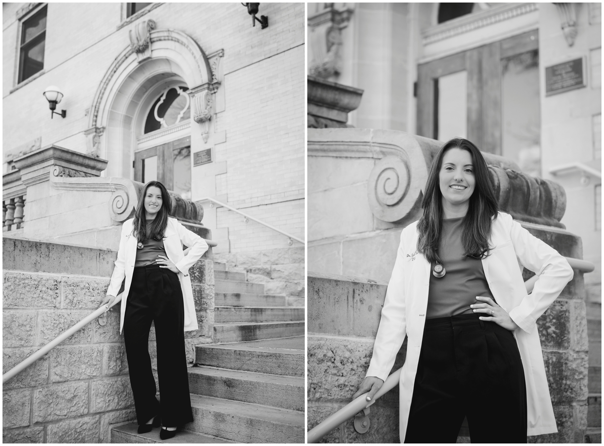 woman posing on staircase during CSU college graduation senior pictures by Plum Pretty Photography 