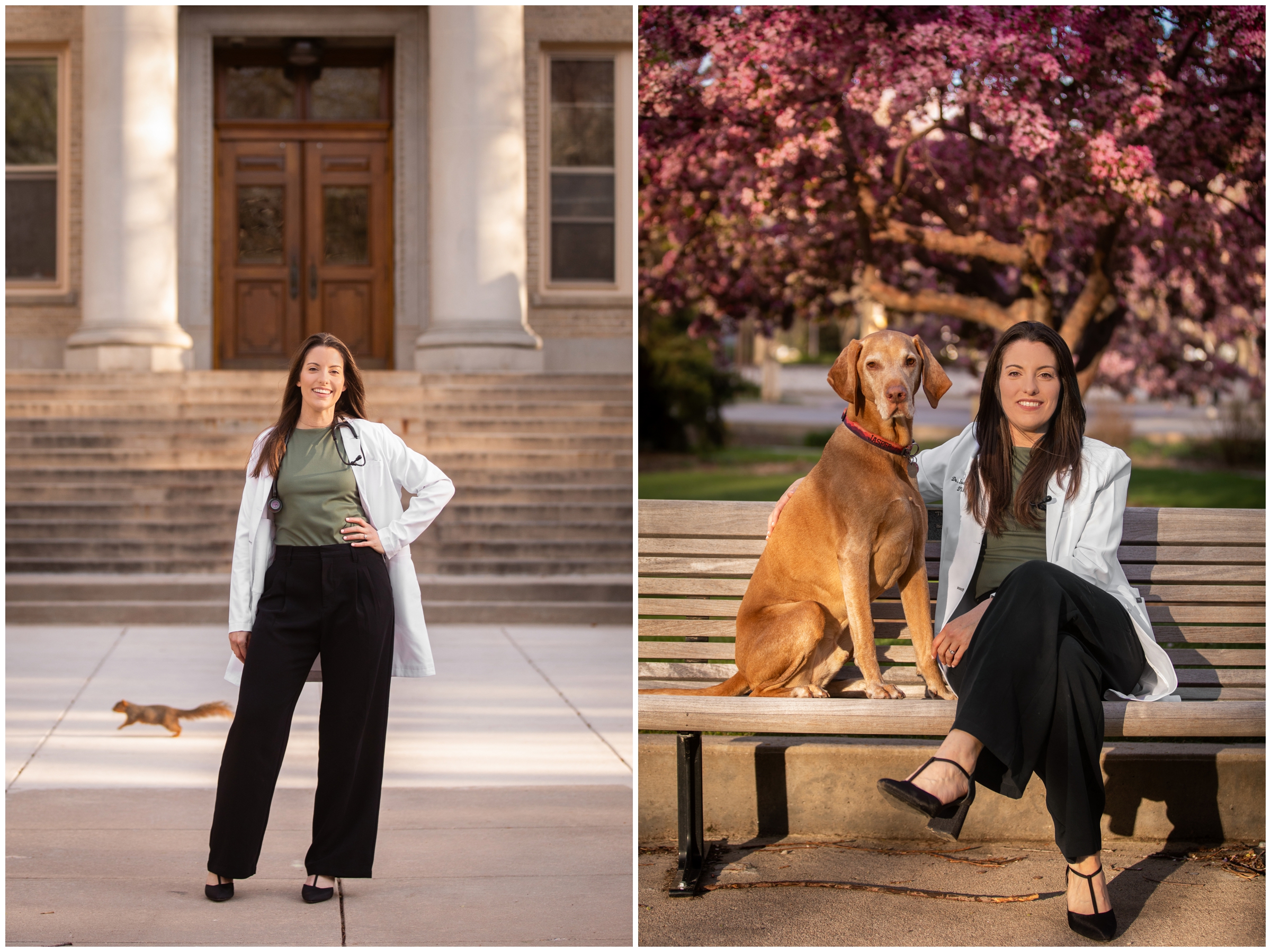 woman posing in white coat during doctor of veterinary medicine graduation portraits at CSU in Fort Collins 