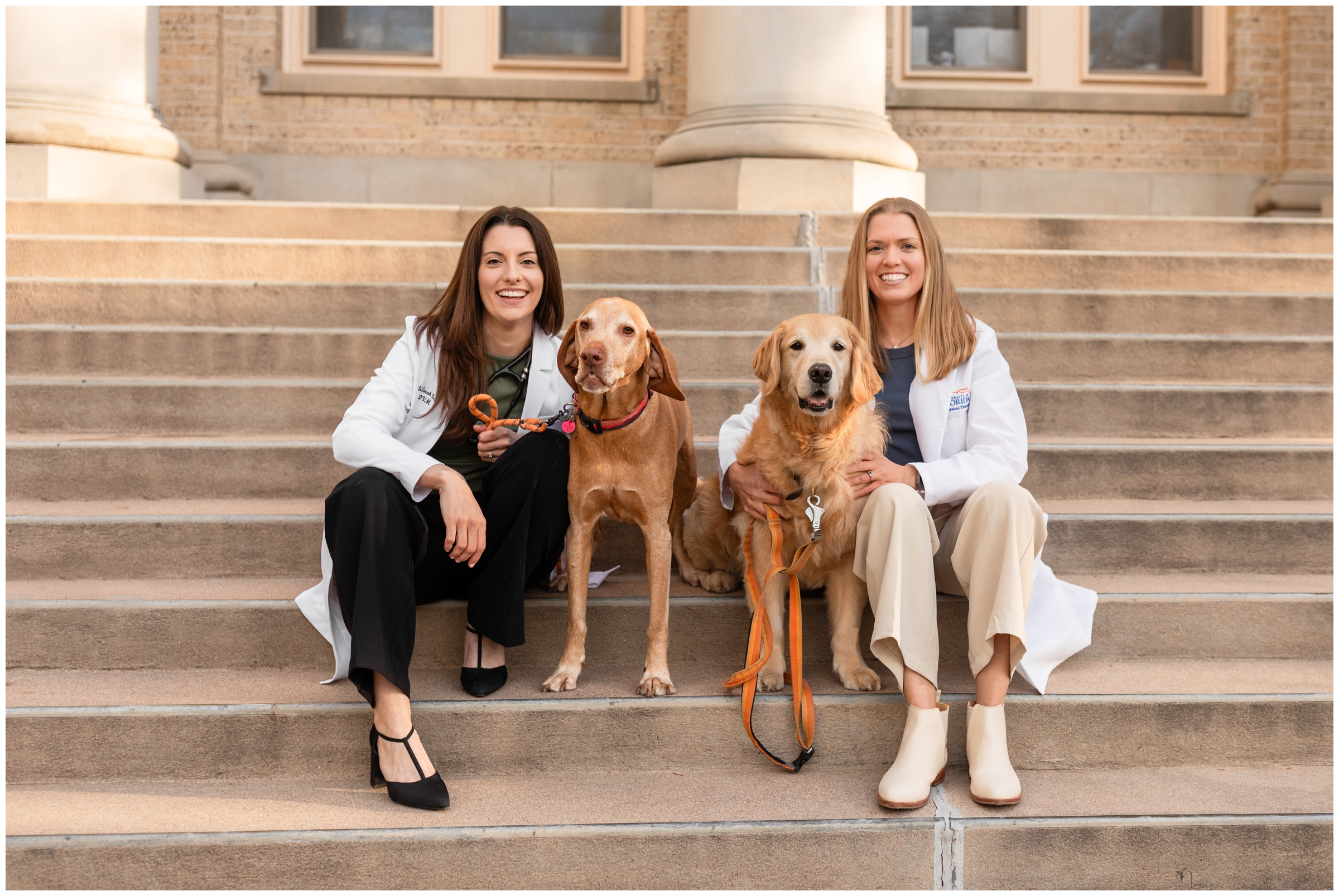 women sitting on stairs with dogs during Colorado college senior pictures at CSU Fort Collins
