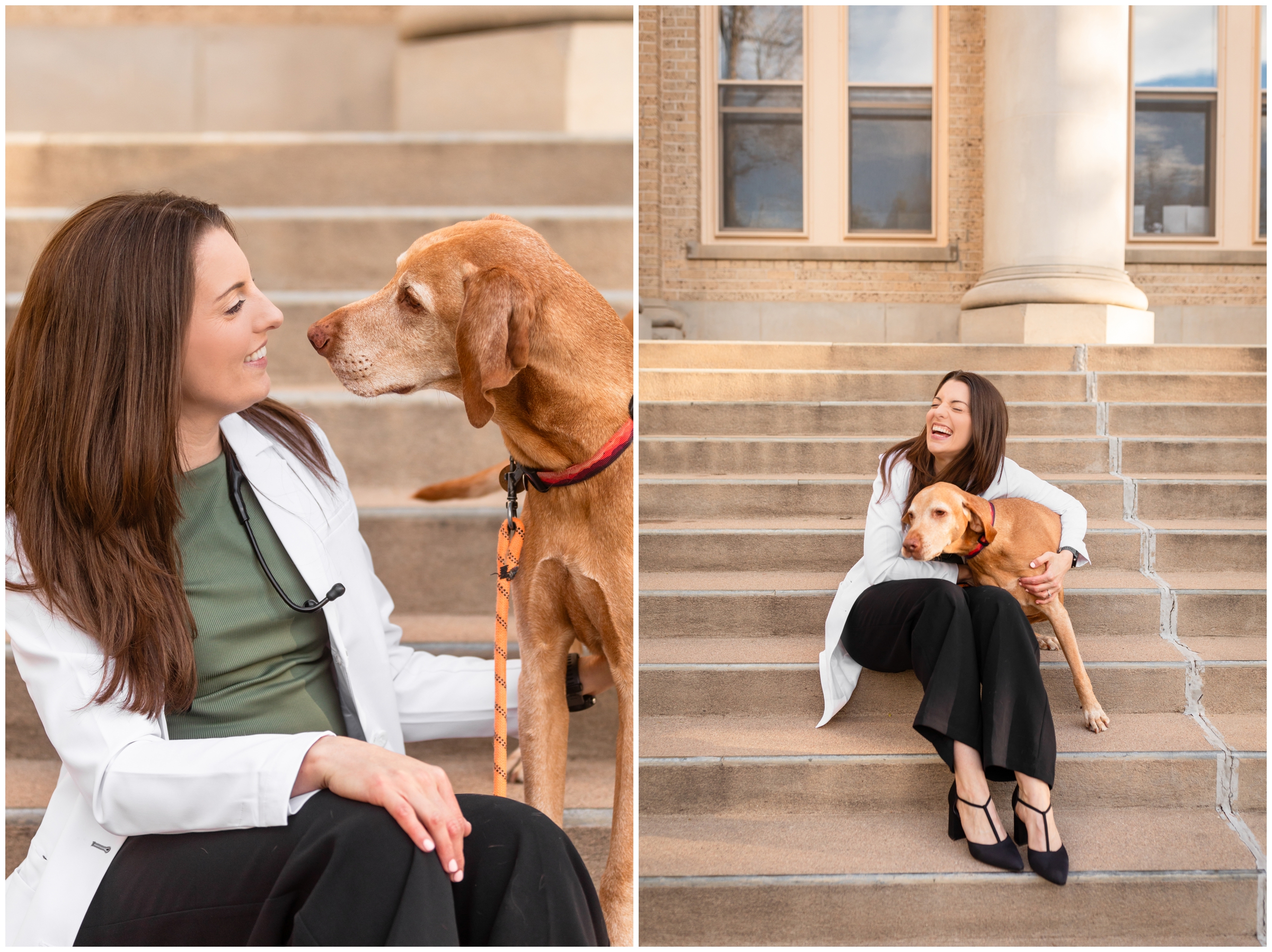 woman and her dog sitting on stairs at the administrative building at Colorado State university during college senior pictures in Fort Collins 